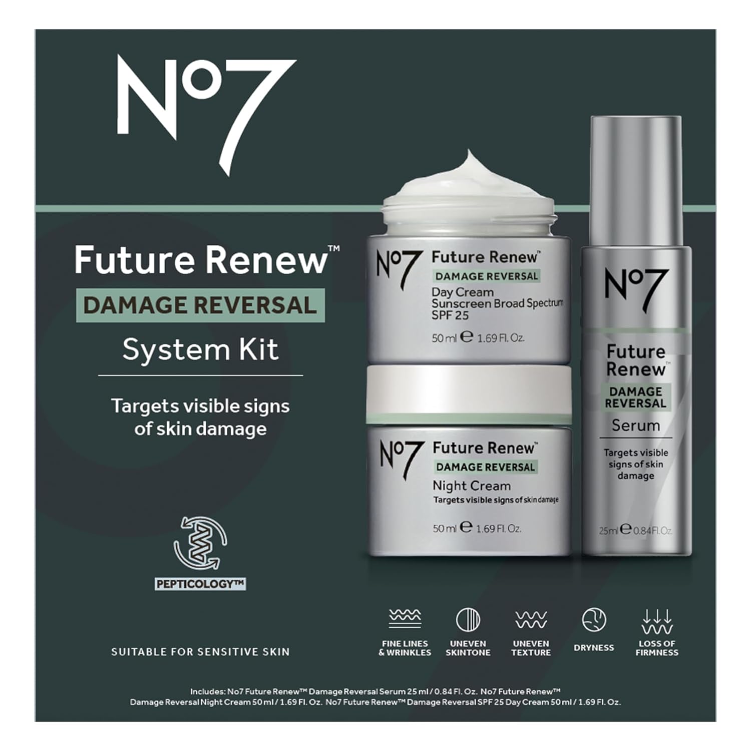 No7 Future Renew Damage Reversal Skincare Set - Anti Aging Face Serum (.33 Fl Oz), Day Cream with SPF 25 (1.69 Fl Oz) & Night Cream (1.69 Fl Oz) - Reverses Visible Signs of Sun Damage - 3-Piece Set